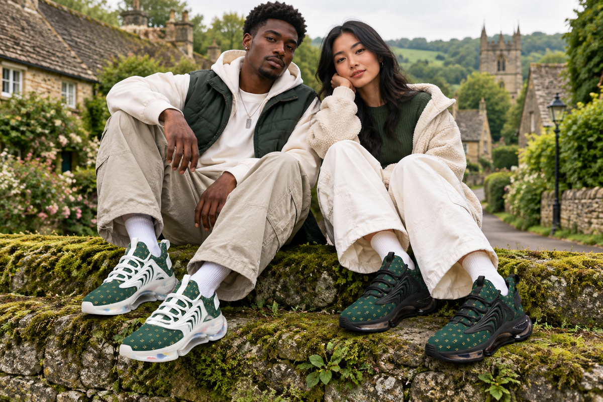 Black man and East Asian woman on a mossy stone wall in a countryside village in the green Z-logo sneakers