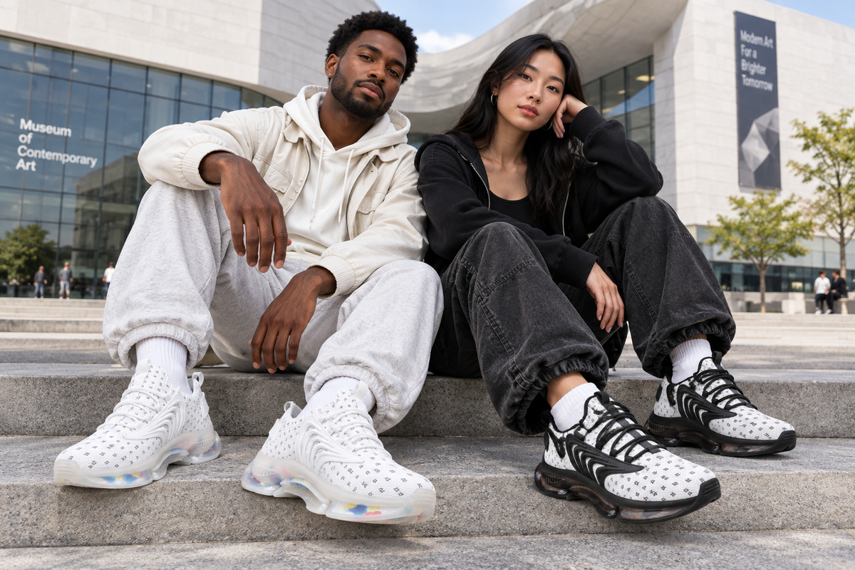 Black man and East Asian woman on museum plaza steps in the white Z-logo sneakers