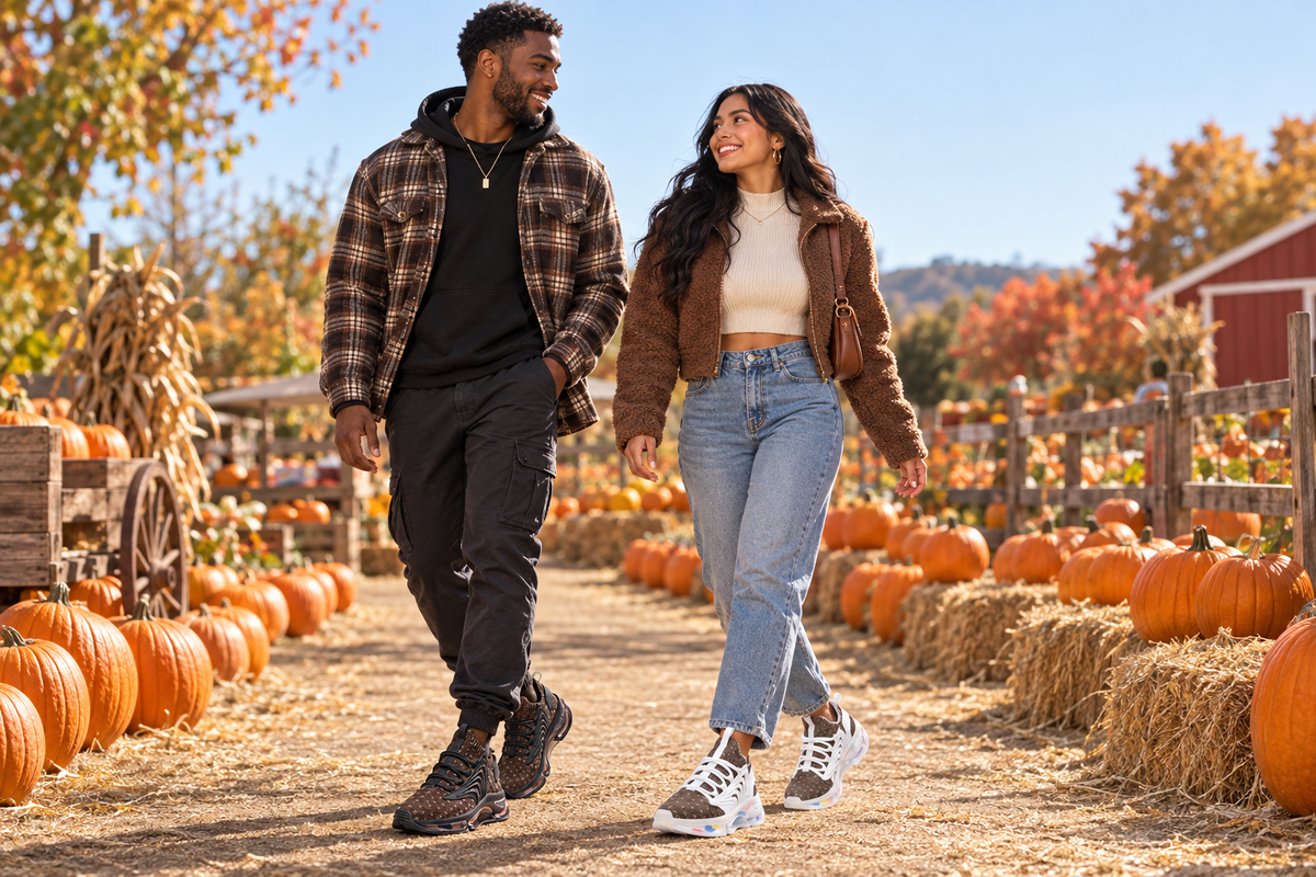 Black man and Latina woman at a pumpkin patch in the brown Z-logo sneakers