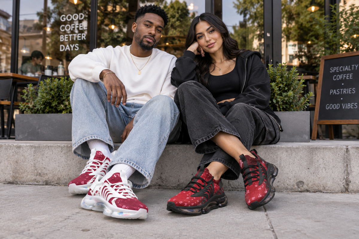 Black man and Latina woman on a wall outside a coffee shop in the red Z-logo sneakers