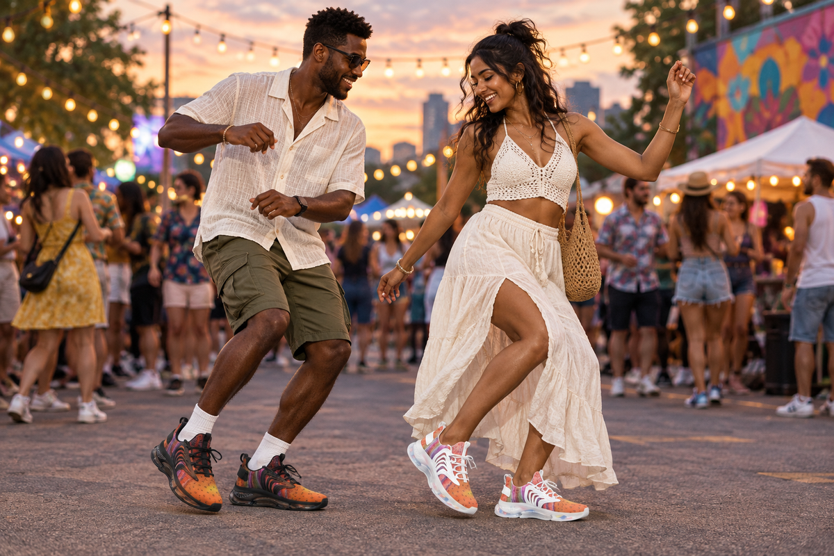 Black man and South Asian woman dancing at a summer street festival in the sunset sneakers