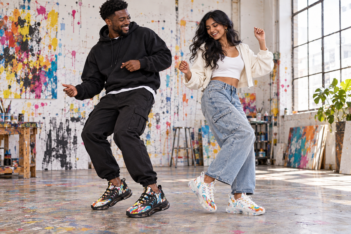 Black man and South Asian woman dancing in an art studio in the paint-splatter sneakers