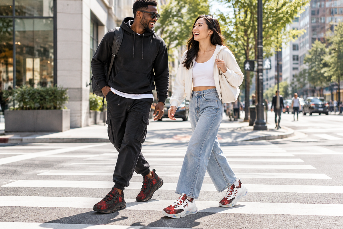 Black man in black sneakers and East Asian woman in white sneakers on a city crosswalk