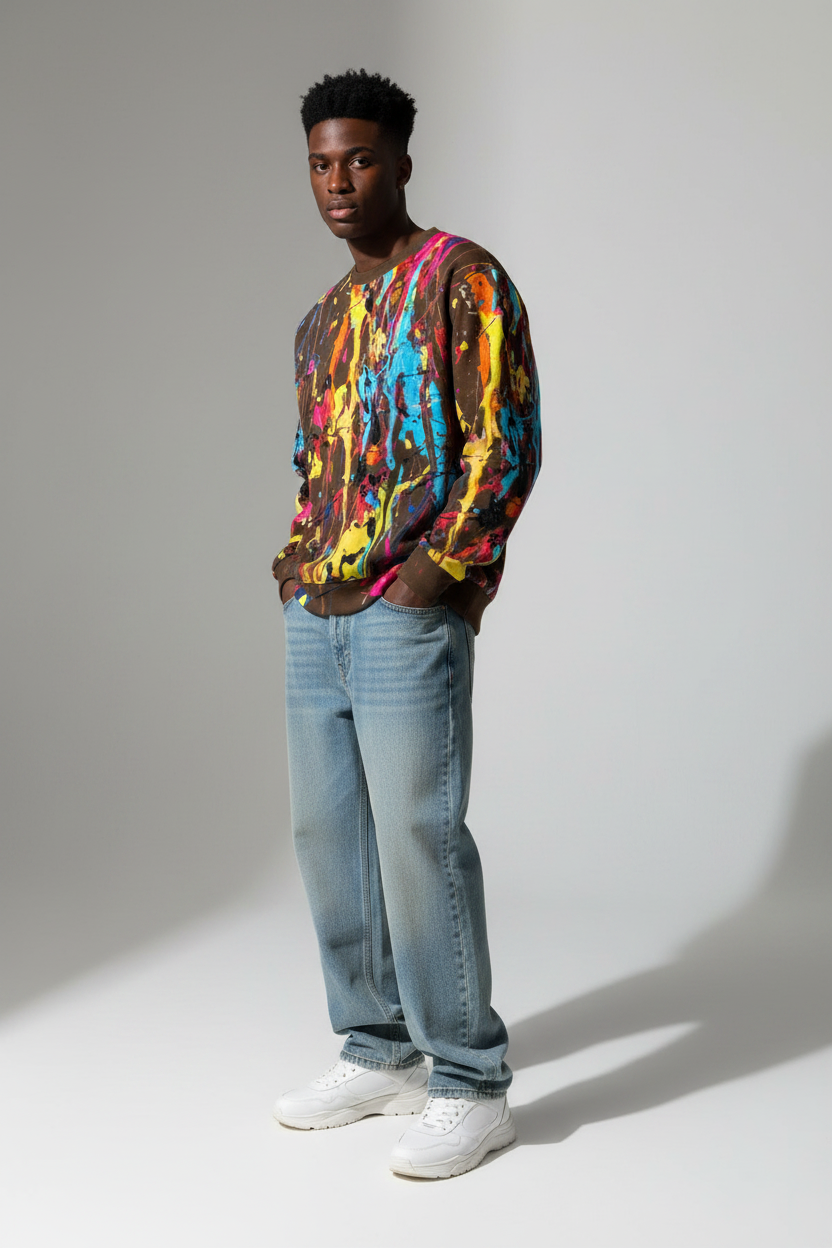Black man in dark paint splatter sweatshirt, studio setting