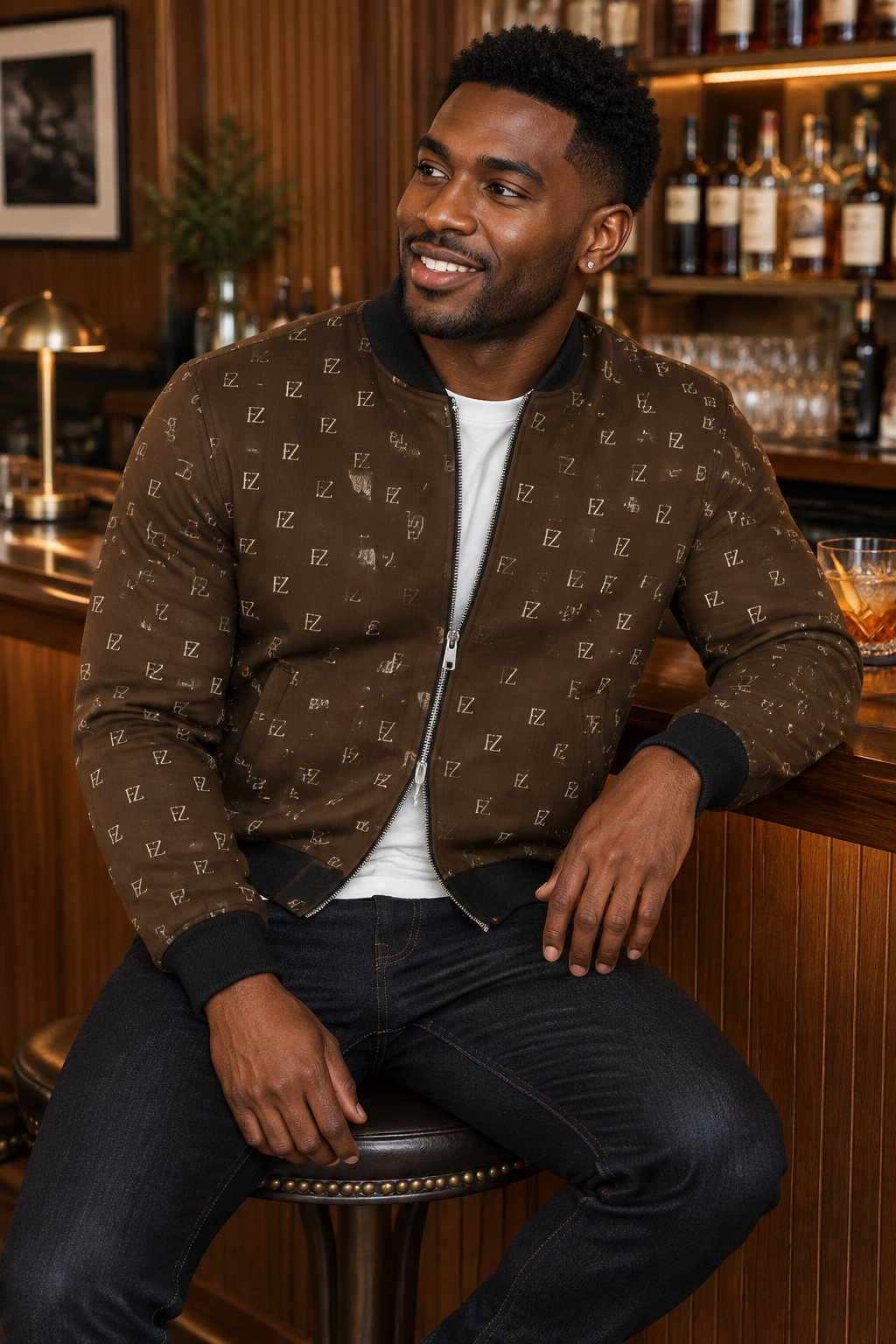 Black man in the brown FZ bomber at a cocktail bar
