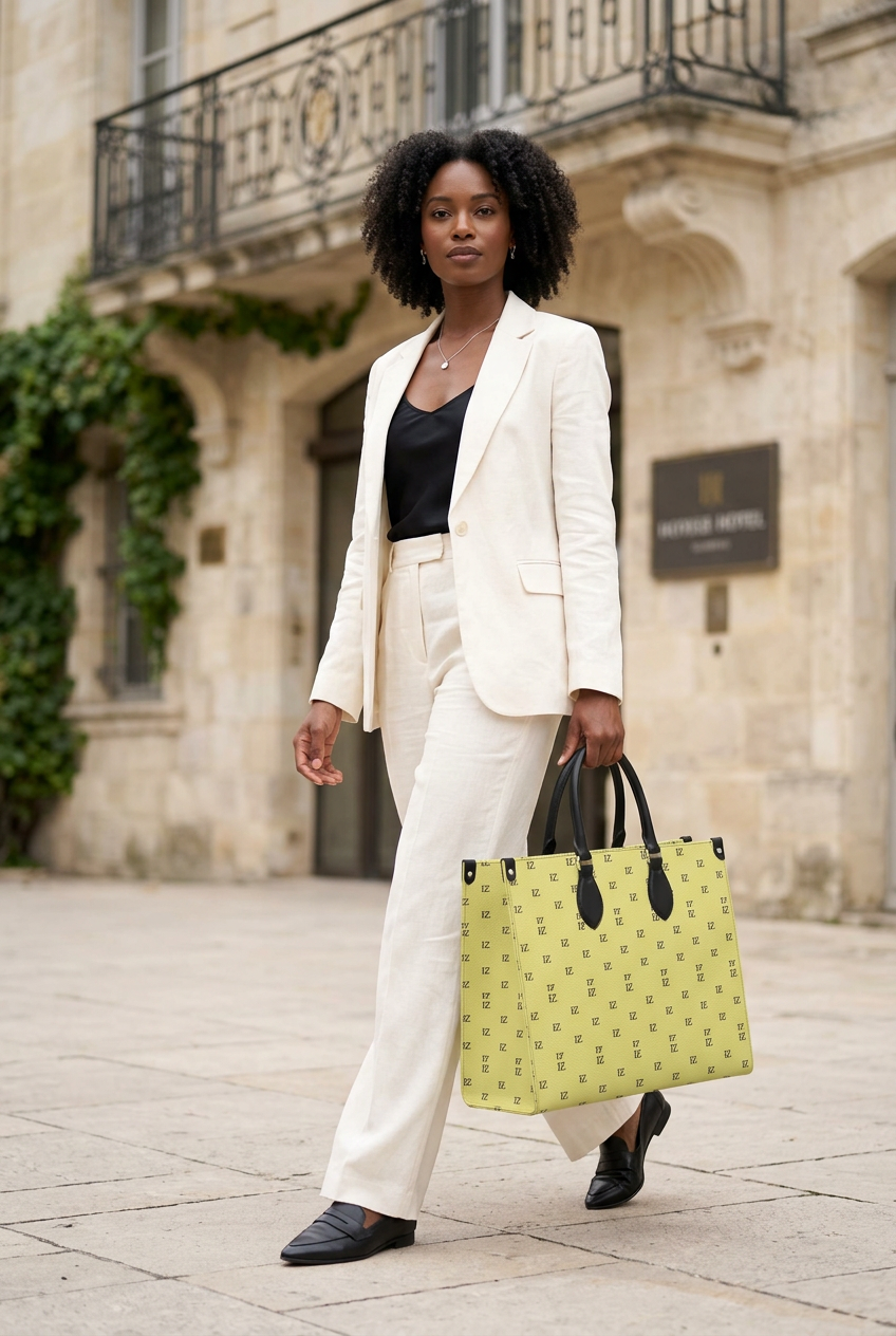 Black model carrying the jumbo bag outside a boutique hotel