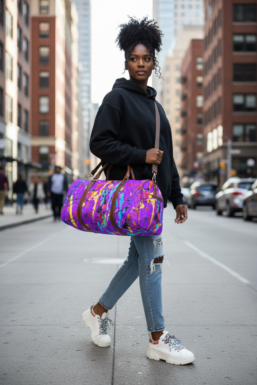 Black model city street with duffle bag
