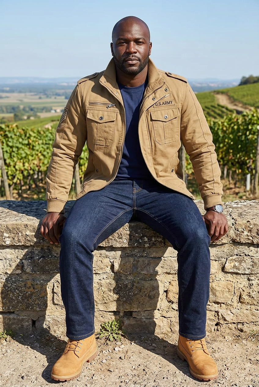 Black model seated at a hillside vineyard overlook