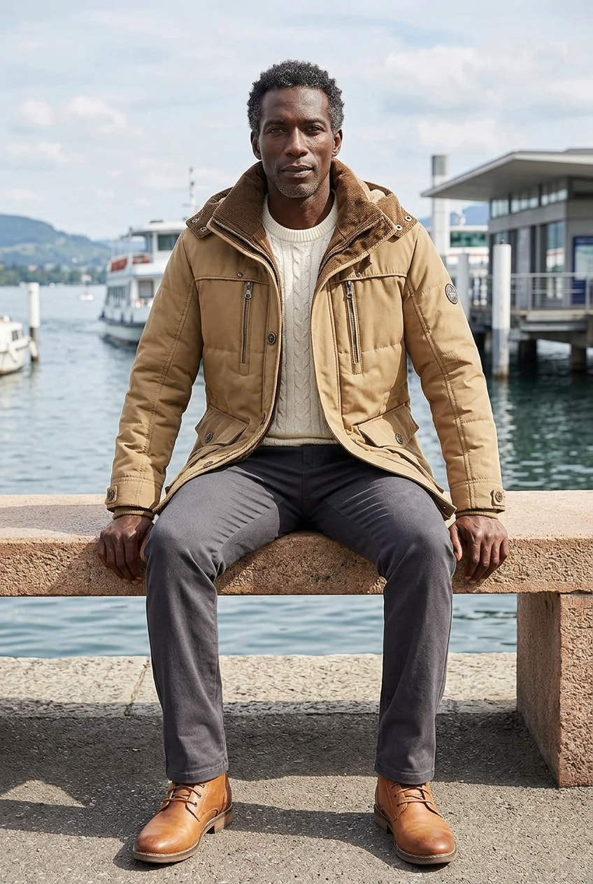 Black model seated beside a lakeside ferry terminal