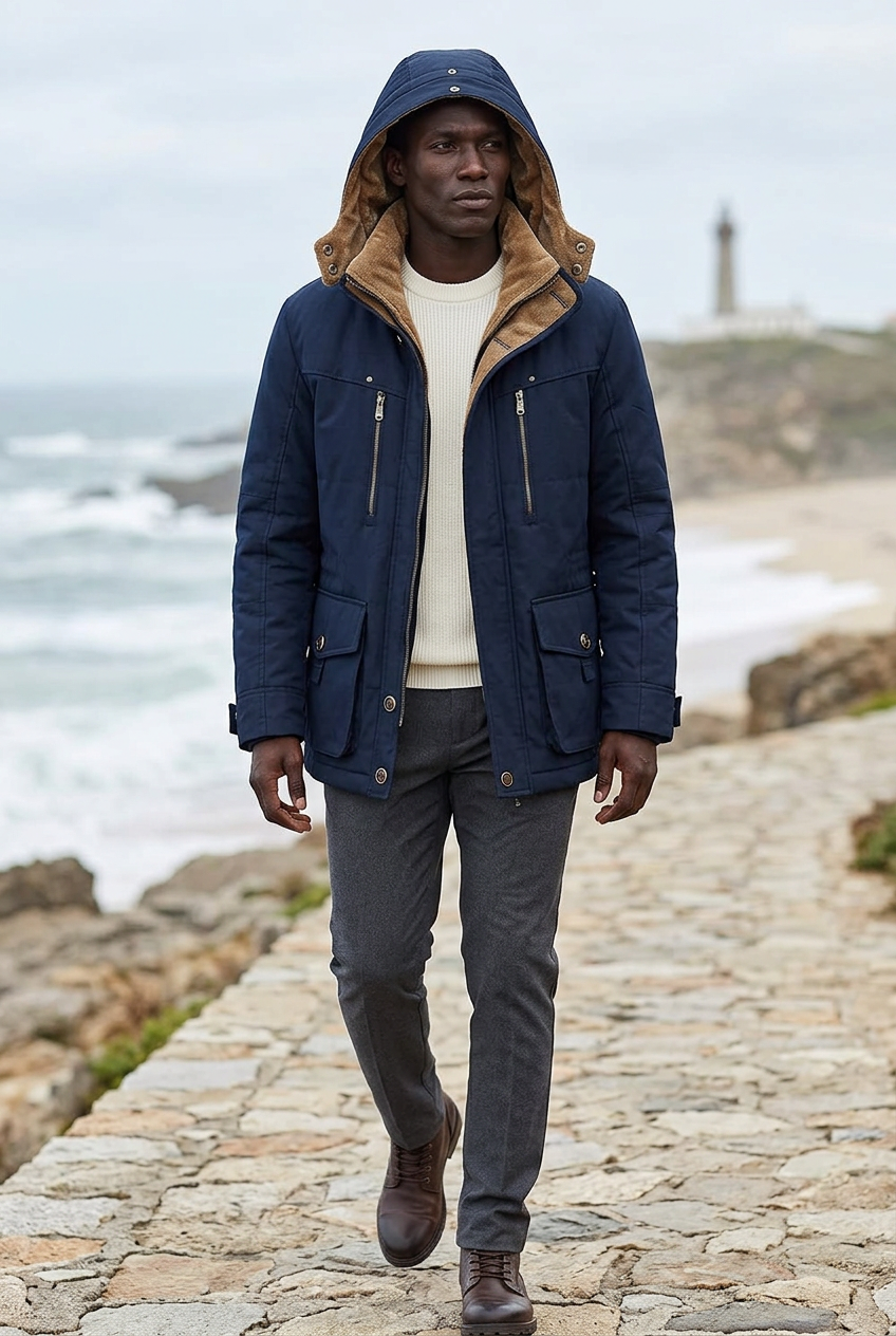Black model walking along a coastal path with the hood up