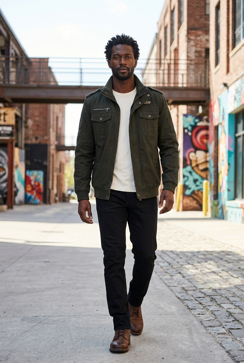 Black model walking through an industrial arts district