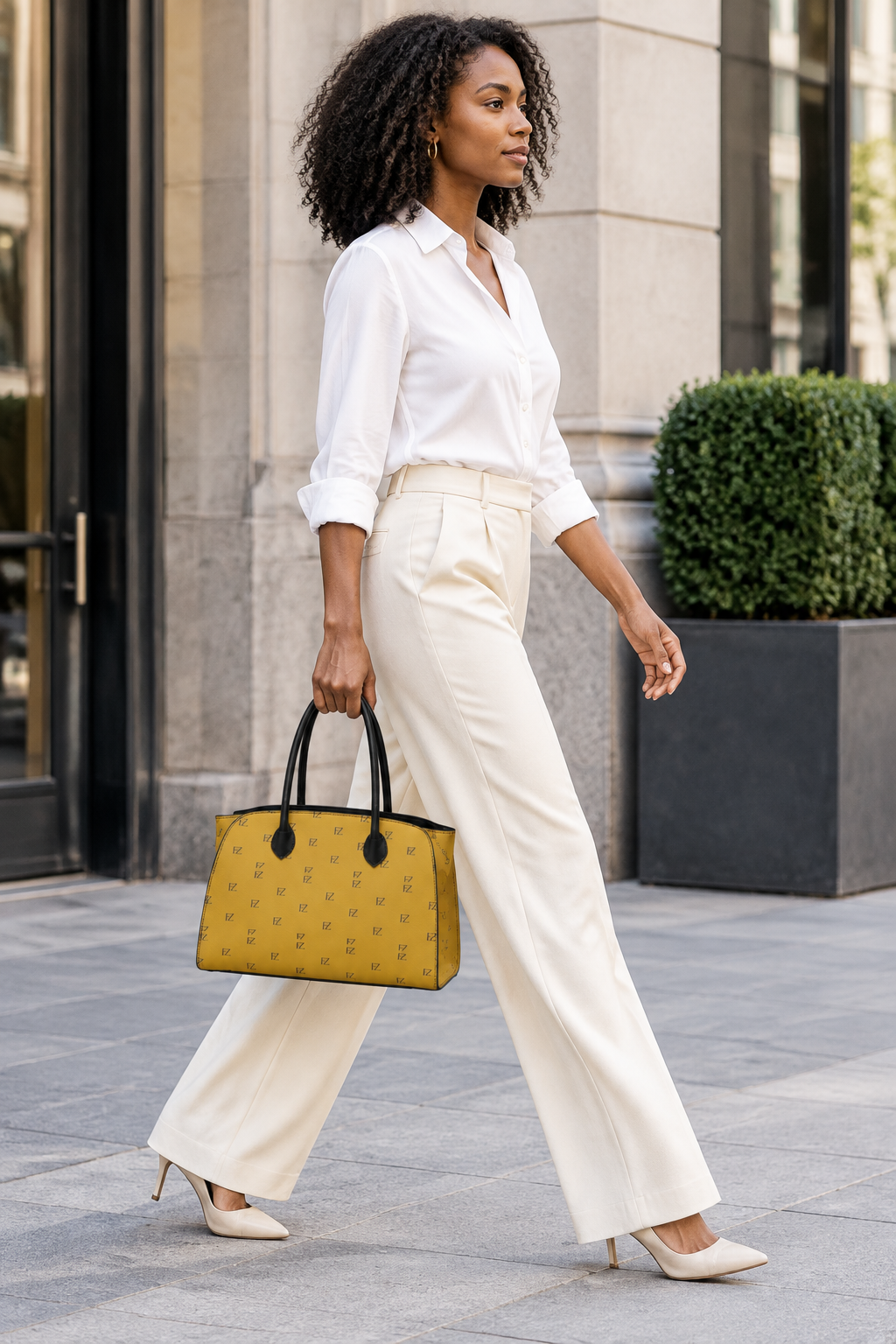 Black model walking with handbag on a city street
