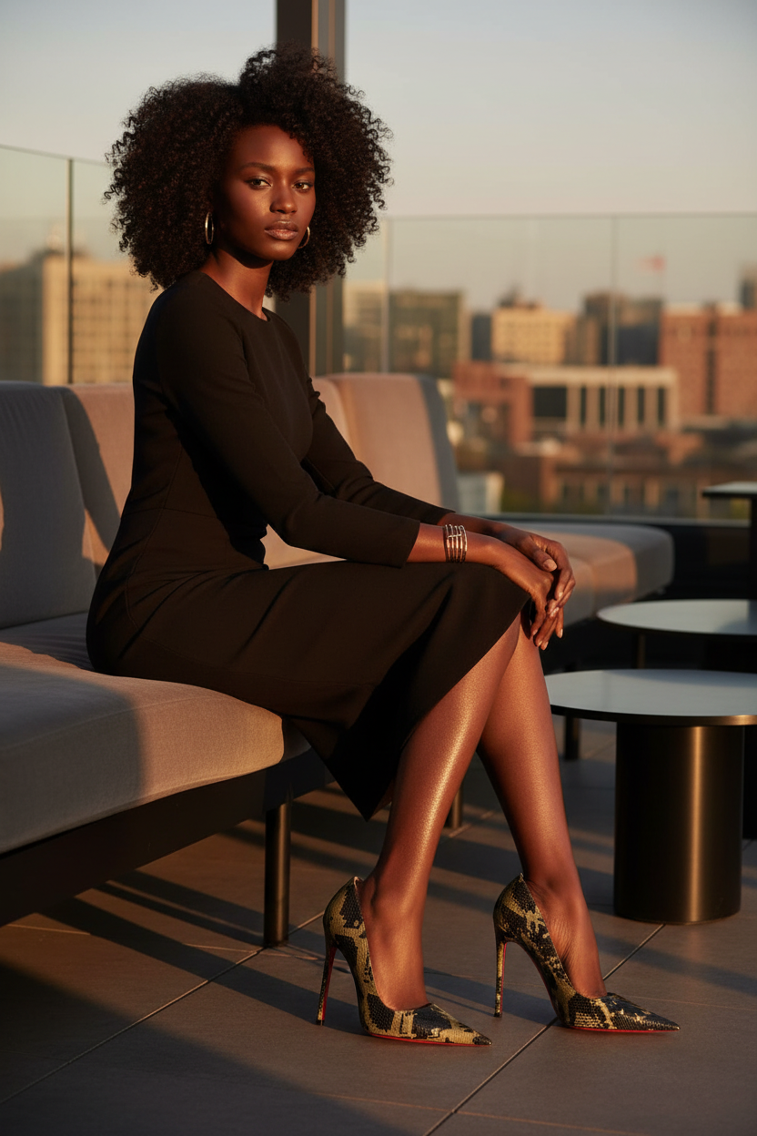 Black model wearing olive snakeskin pumps at a rooftop lounge