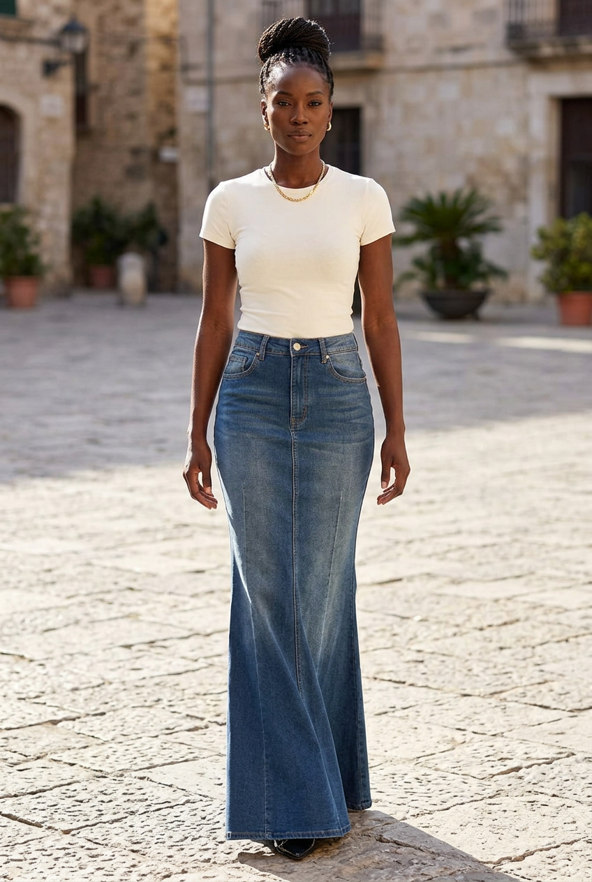 Black model wearing the denim maxi skirt