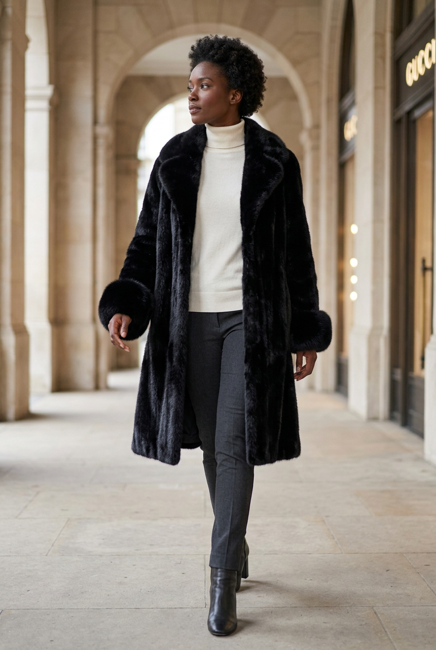 Black plush coat styled in a limestone shopping arcade