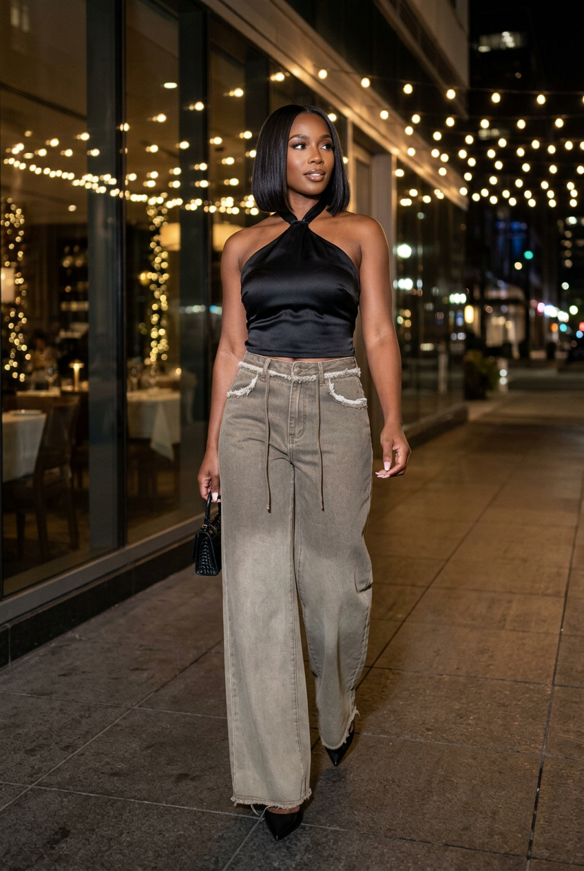 Black satin halter look