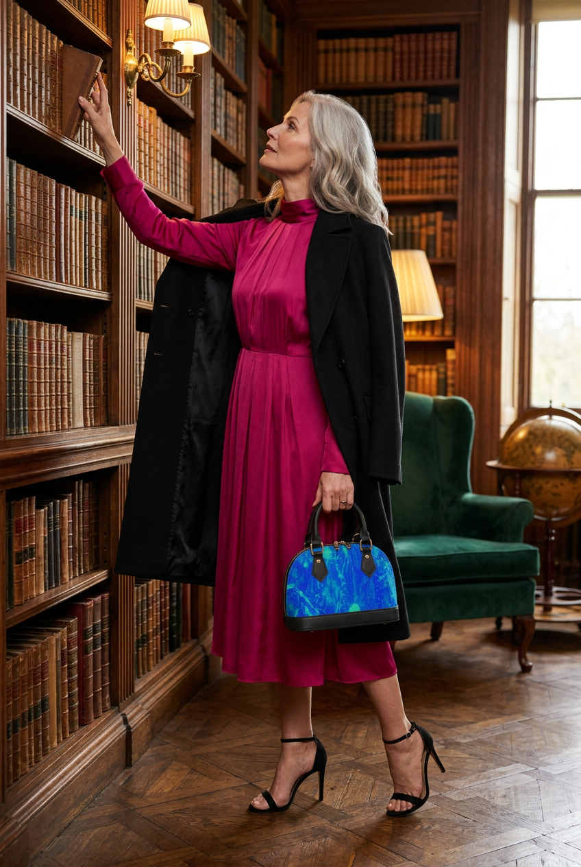Black-trim blue-green mini handbag in a private library
