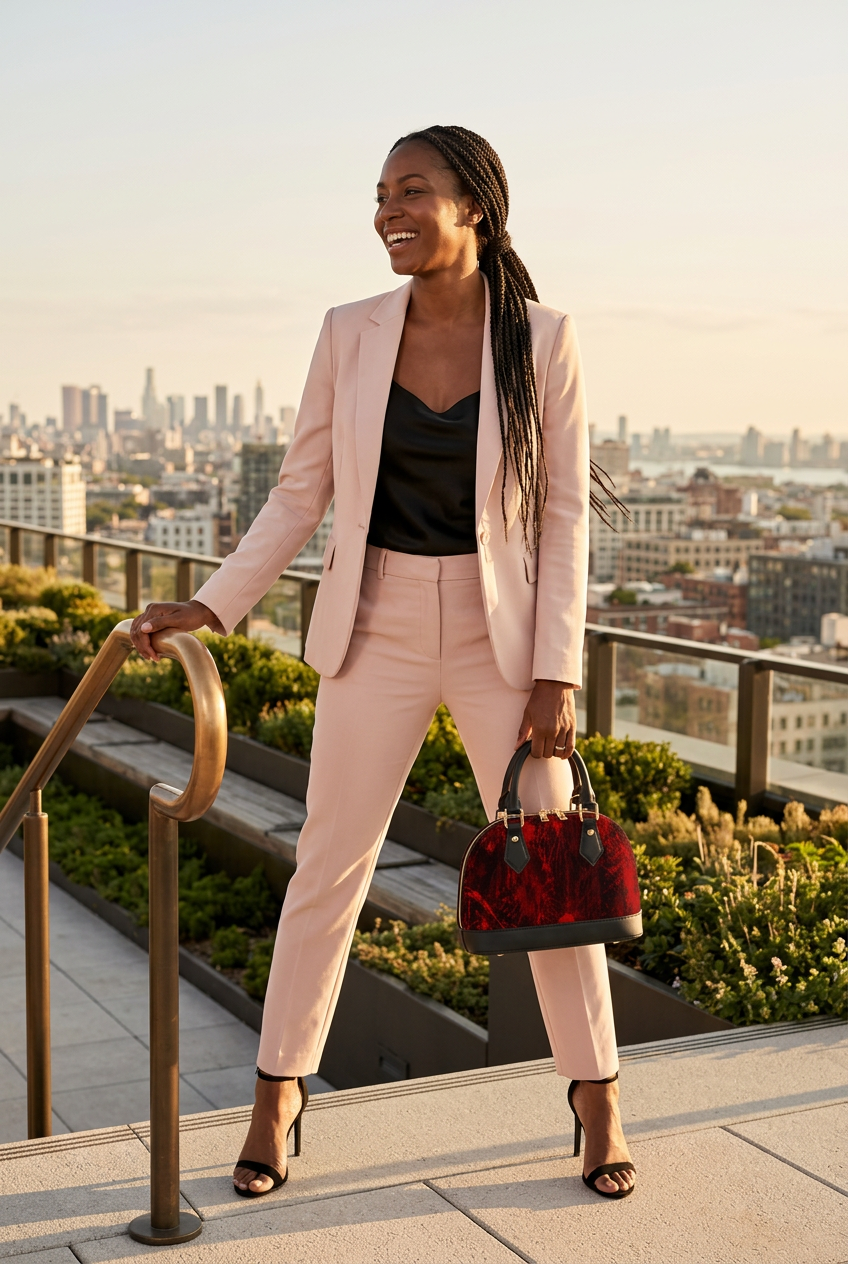 Black-trim red mini handbag on a luxury rooftop staircase