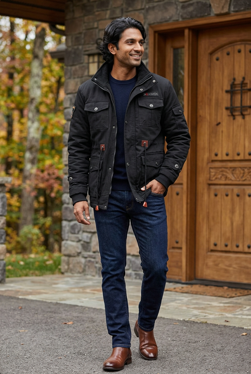 Black utility jacket styled outside a forest lodge