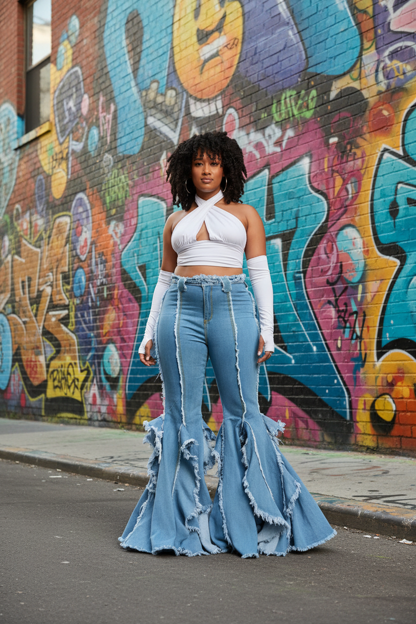 Black woman fringe flare jeans