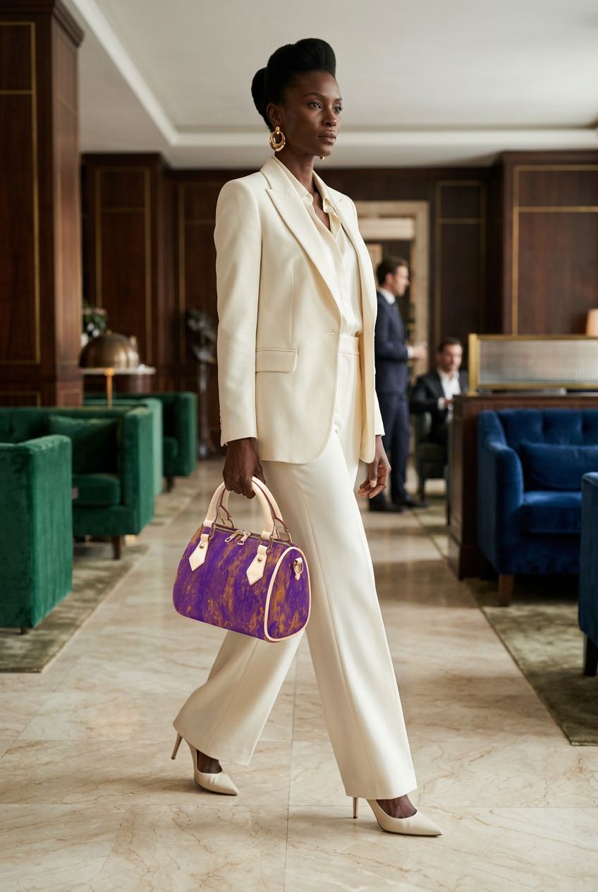 Black woman in an ivory suit carrying the cream-trim bag in a private members club