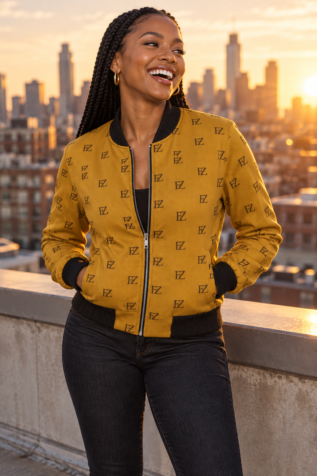 Black woman in the women's mustard FZ bomber on a rooftop at golden hour