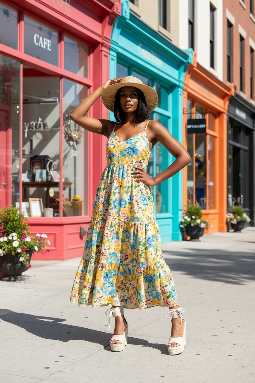 Black woman wearing cream wedge sandals on city sidewalk