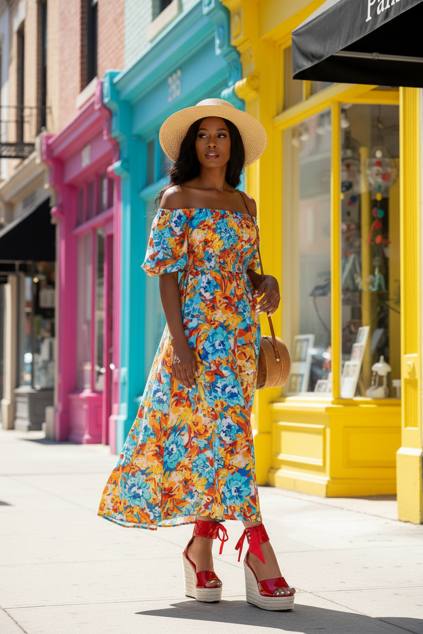 Black woman wearing red wedge sandals on city sidewalk