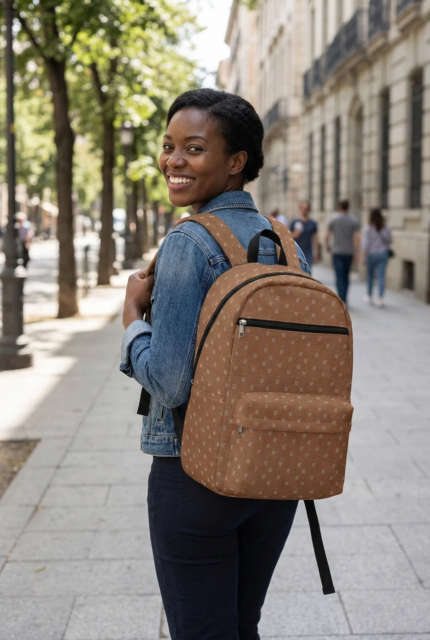 Black woman wearing the backpack on a city street