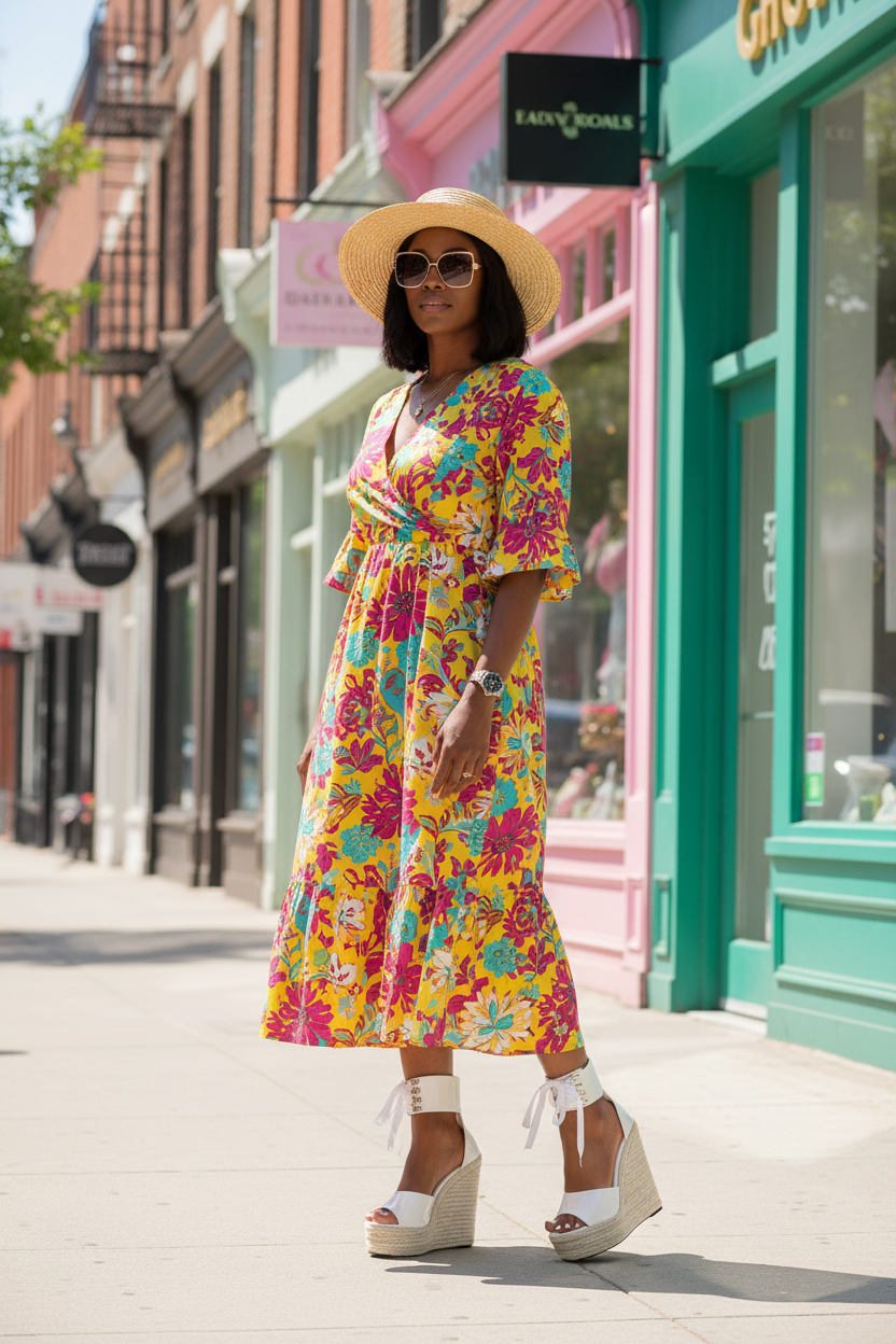 Black woman wearing white wedge sandals on city sidewalk