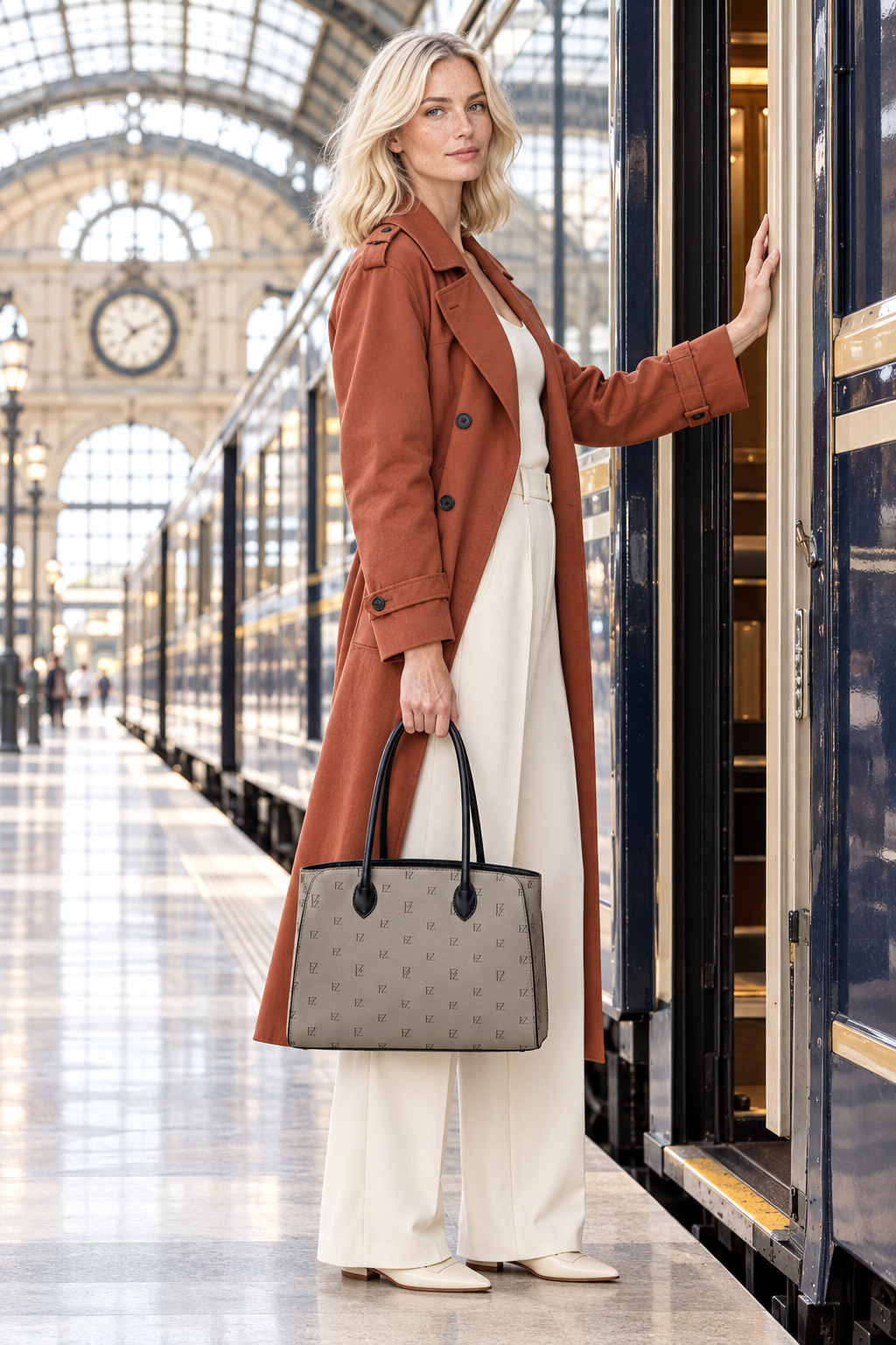 Blonde model holding the handbag beside a train doorway
