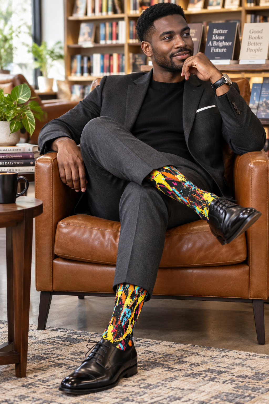 Bookshop lounge look with black Oxfords