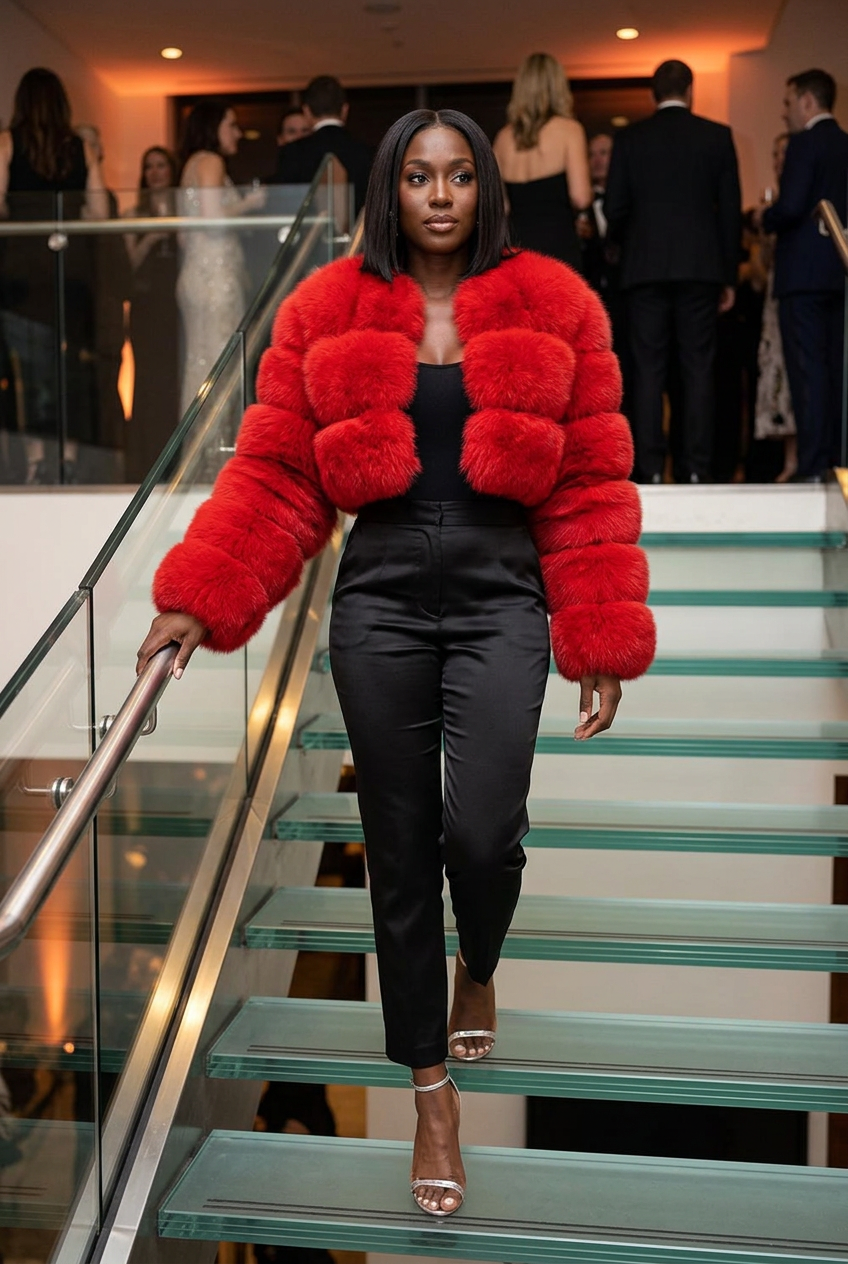 Bright-red cropped fur coat at an evening party