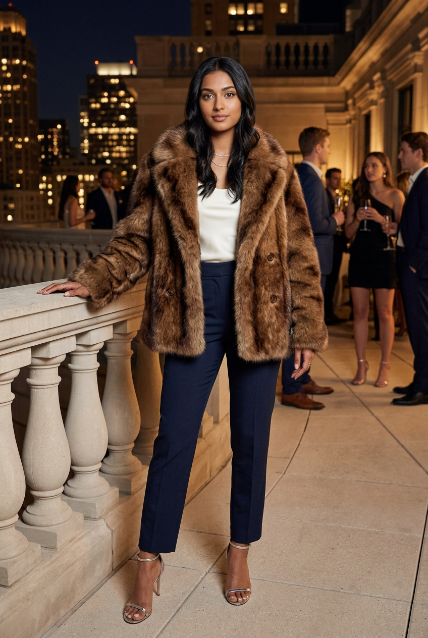 Brown fur jacket at rooftop cocktails