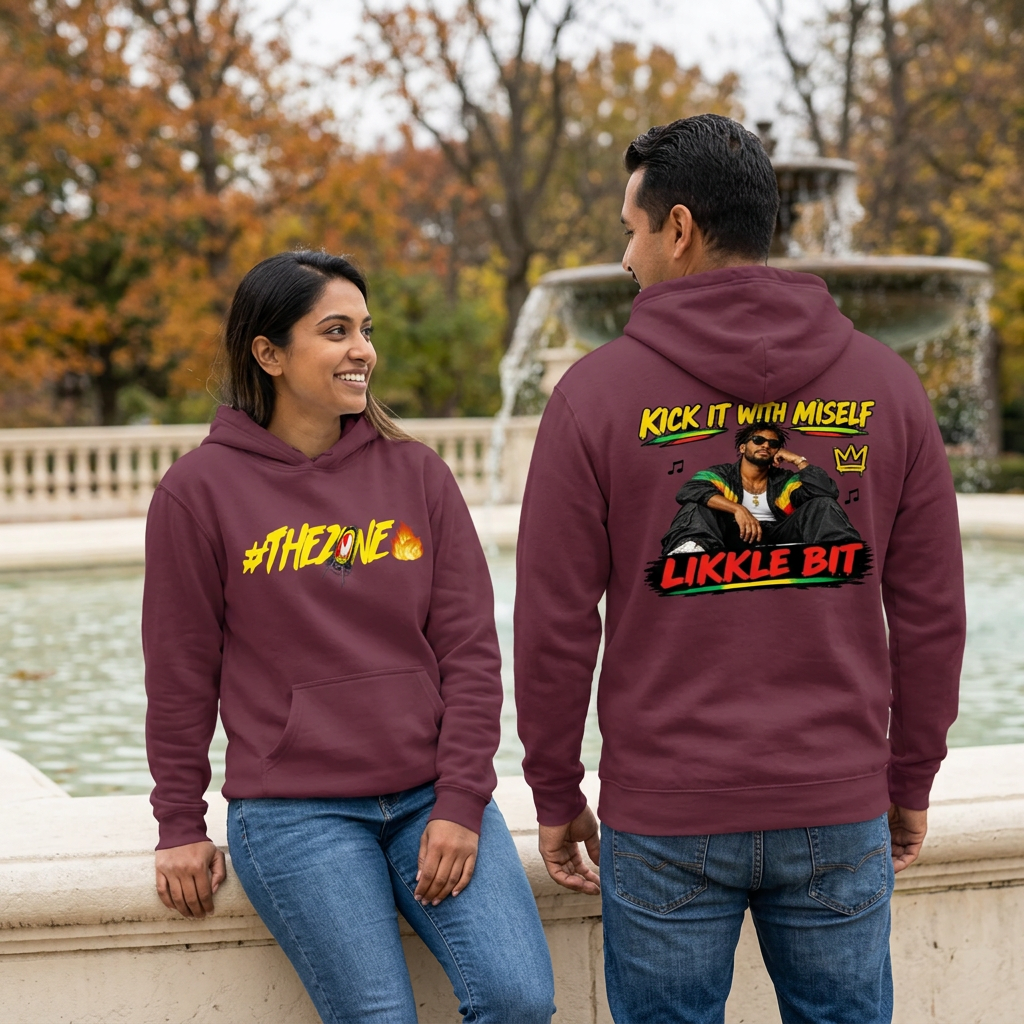 Burgundy hoodie lifestyle image with woman showing the front and man showing the back on a park terrace