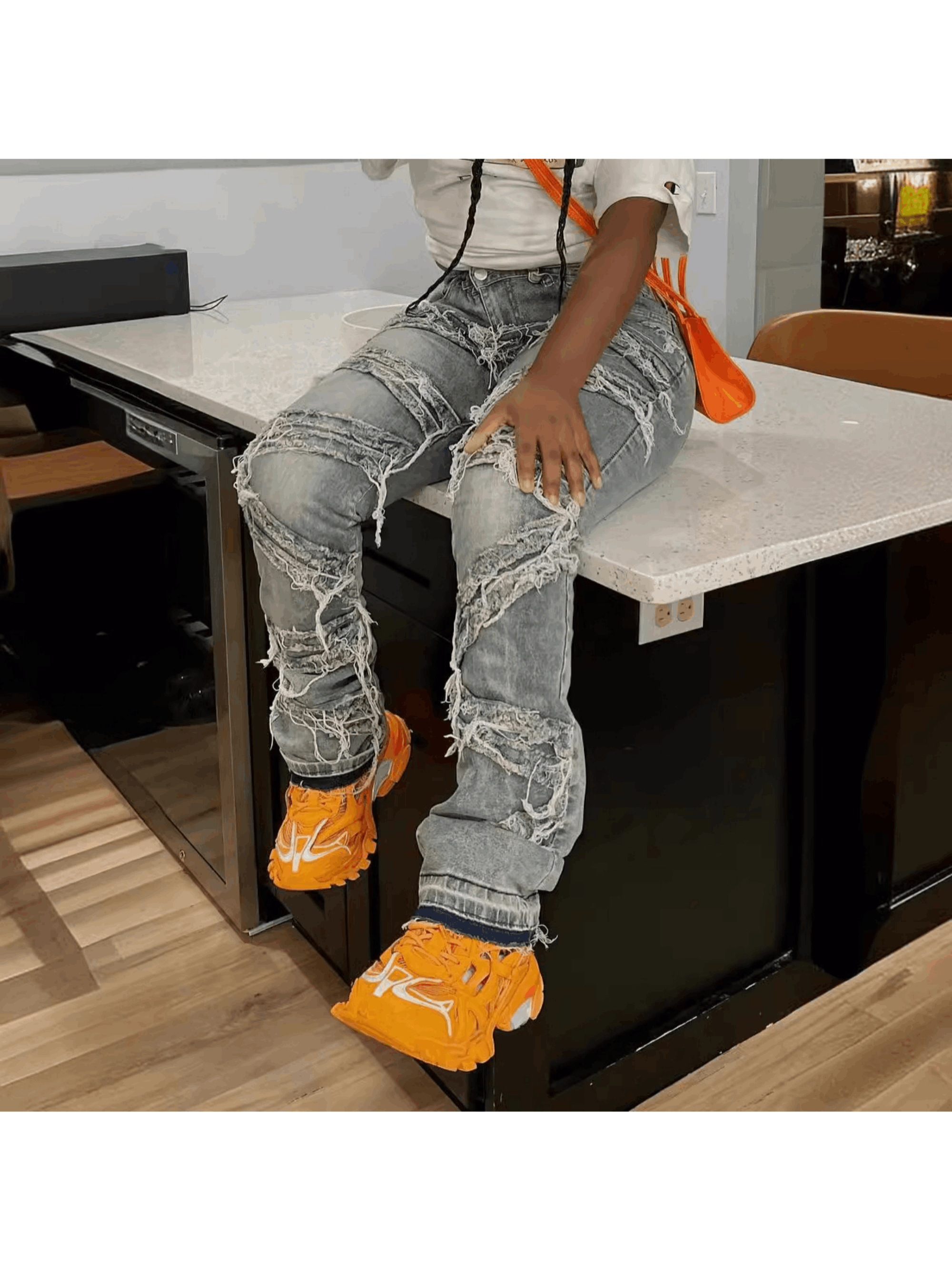 FZ Women's Laminated hole washed straight tube fringe Denim Pants