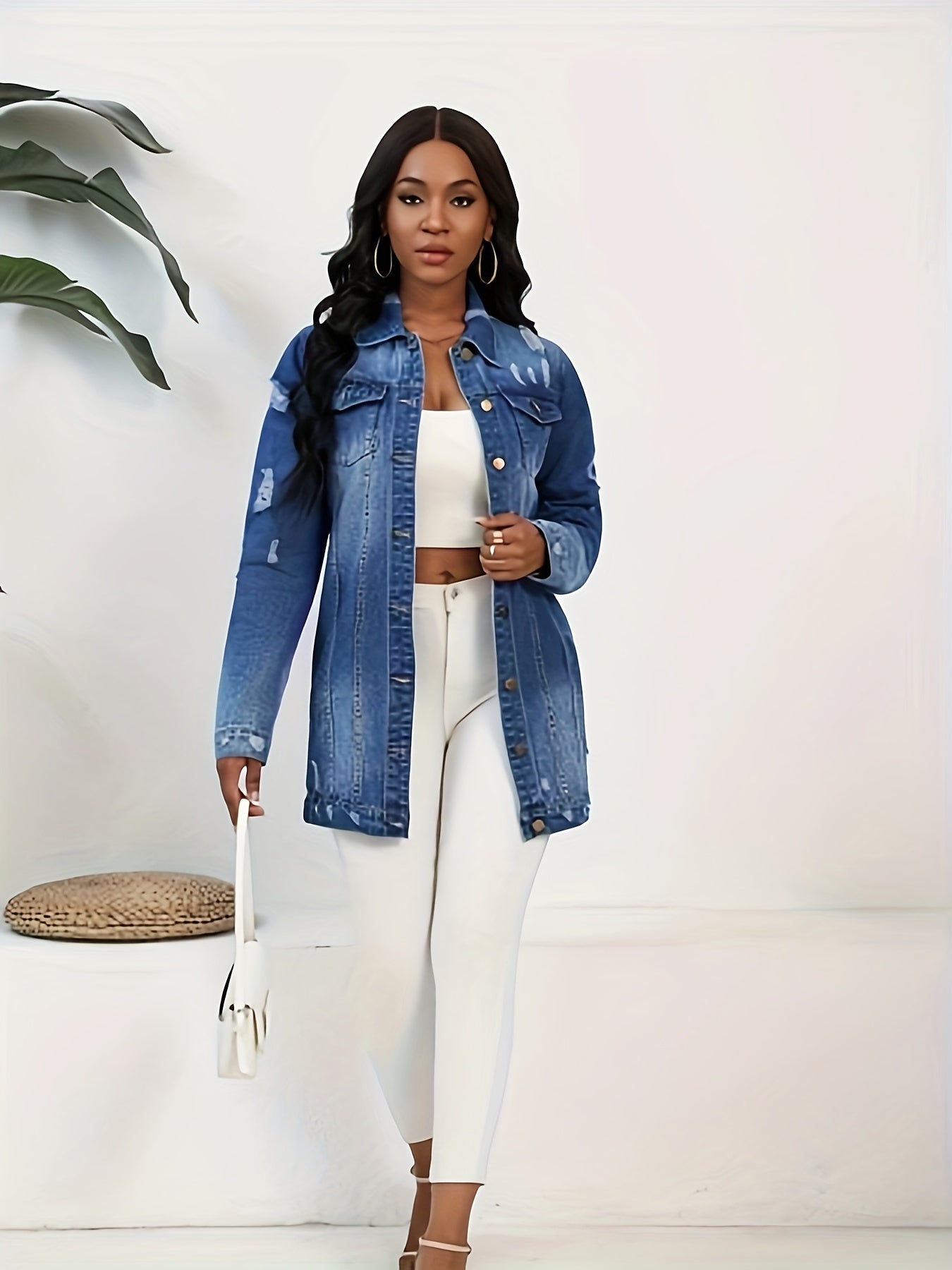FZ Women's Solid Ripped Turn-down Collar Loose Casual Denim Jacket