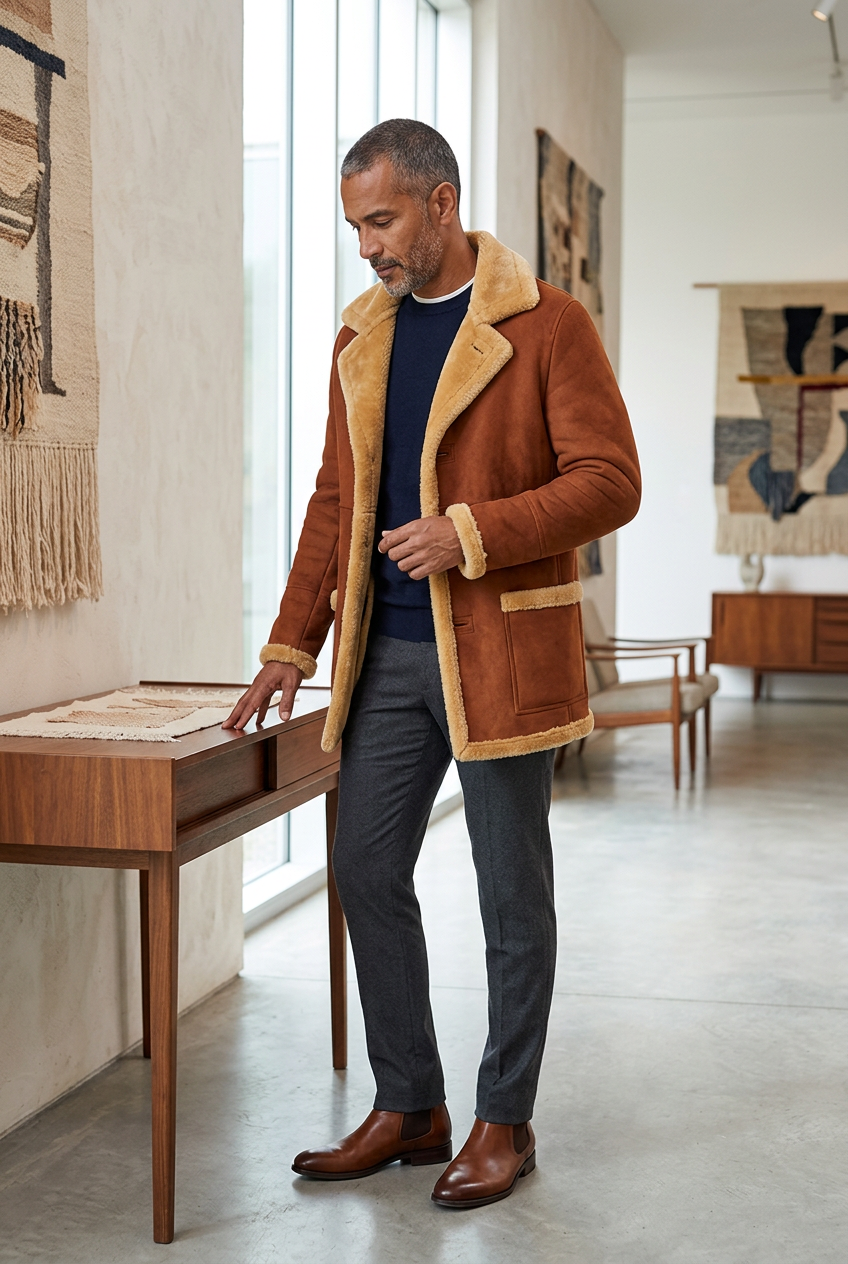 Cognac coat styled in a contemporary textile art gallery