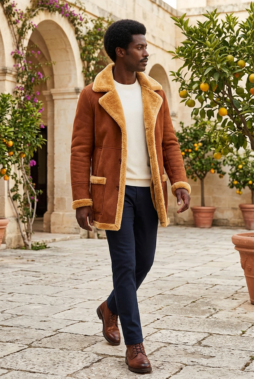 Cognac coat styled in a limestone courtyard with citrus trees