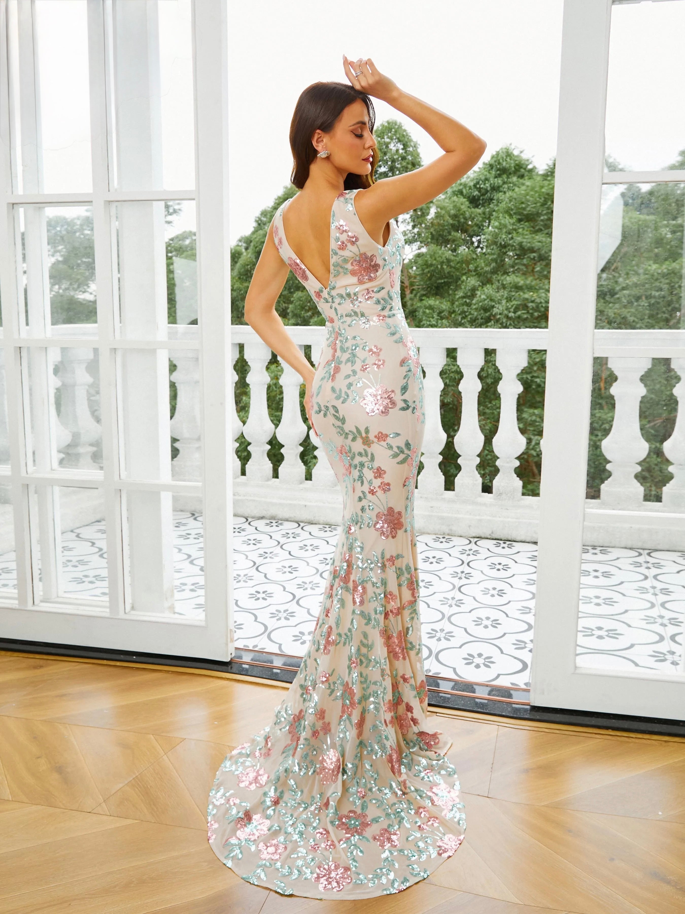 FZ Women's V Neck Sequin Mermaid Cocktail Floor Length Evening Dress