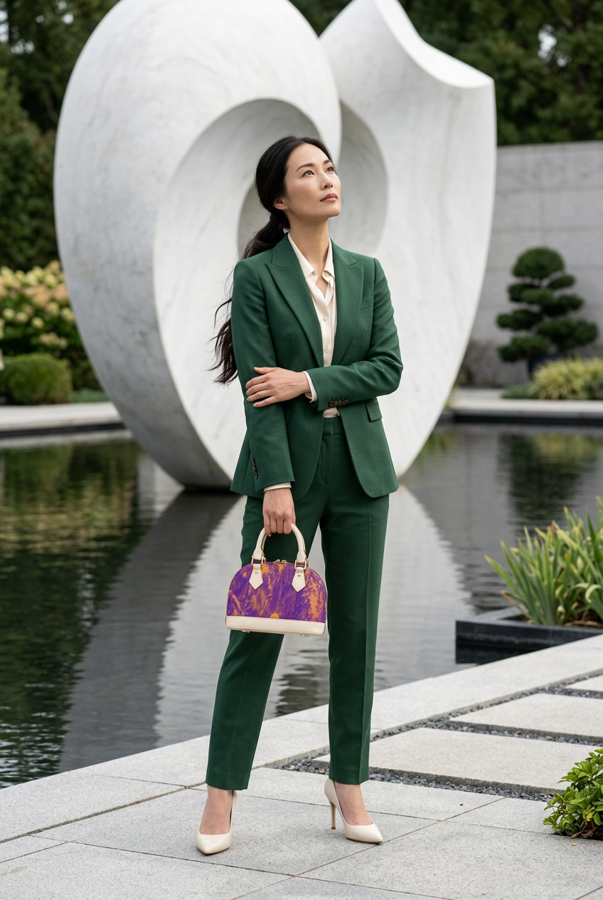 Cream-trim purple-gold mini handbag in a sculpture garden