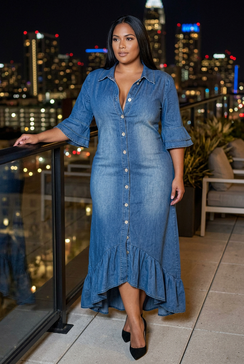 Curvy fitted denim dress, rooftop night-out look