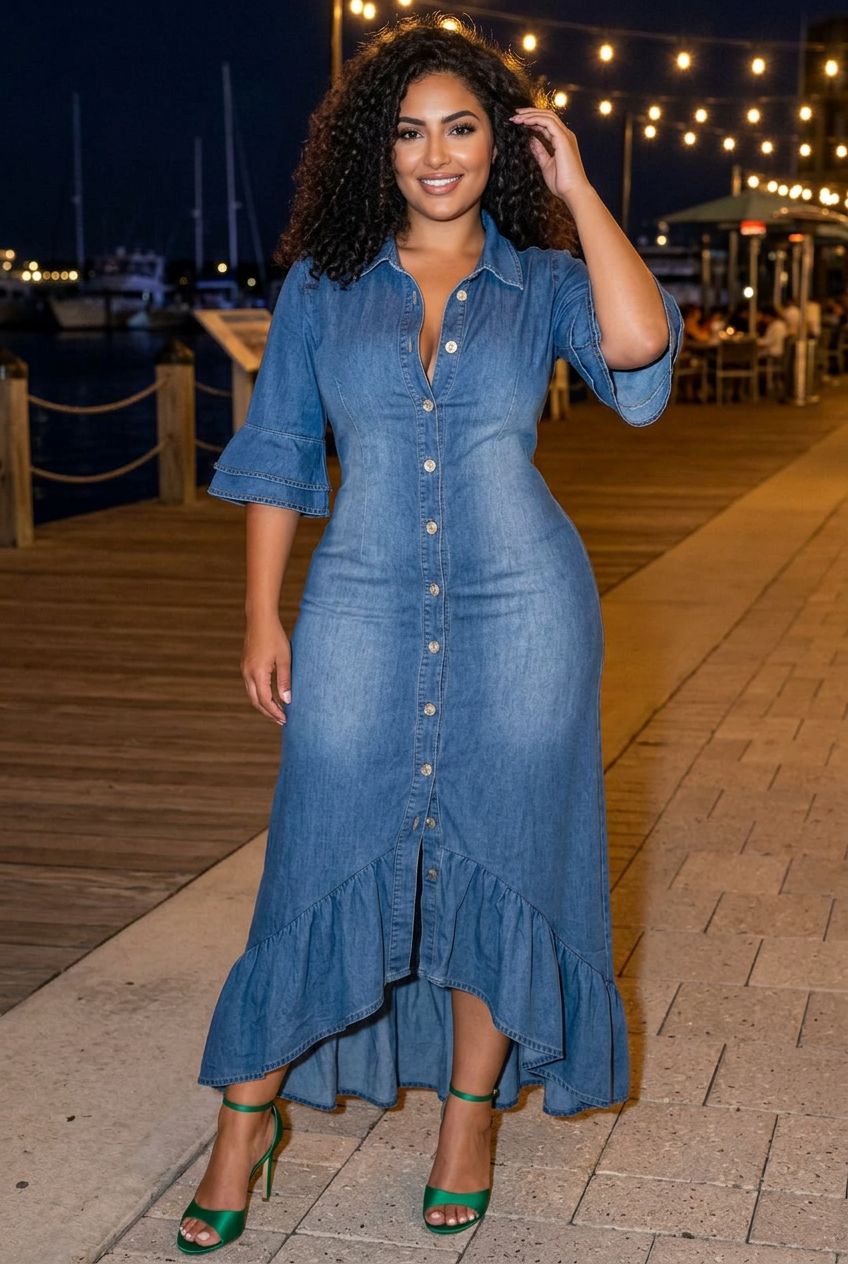 Curvy fitted denim dress, waterfront night-out look