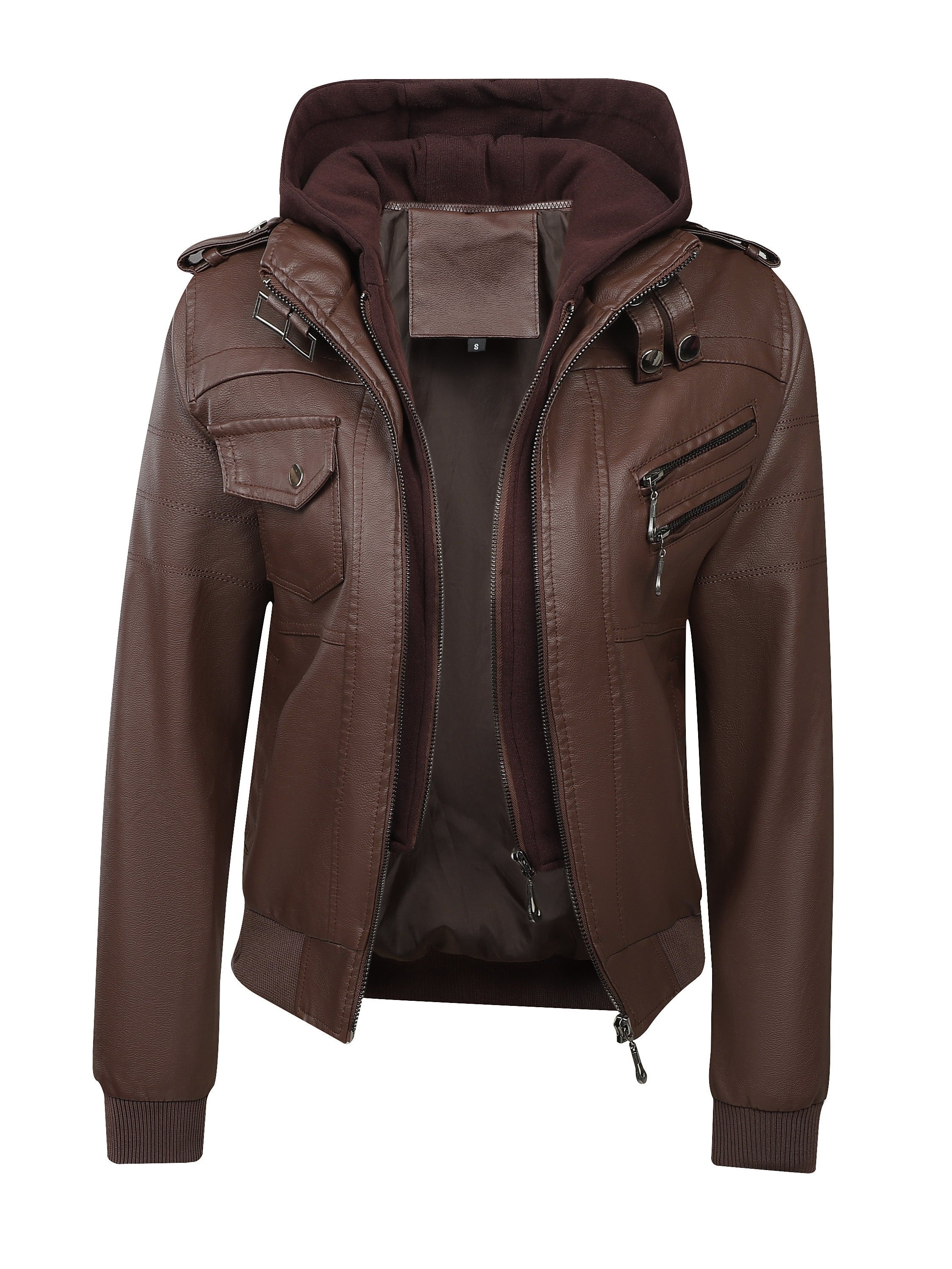 FZ Women's Vintage-Style Detachable Hood PU Leather Jacket