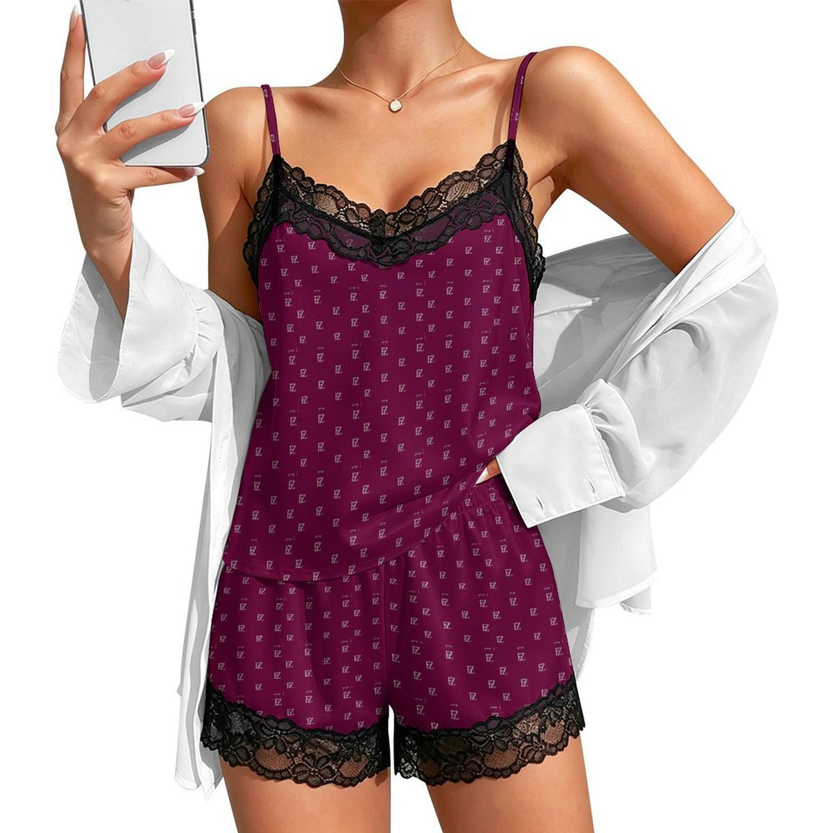 Custom Women Lace V Neck Spaghetti Strap Camisole Shorts Pajama Set