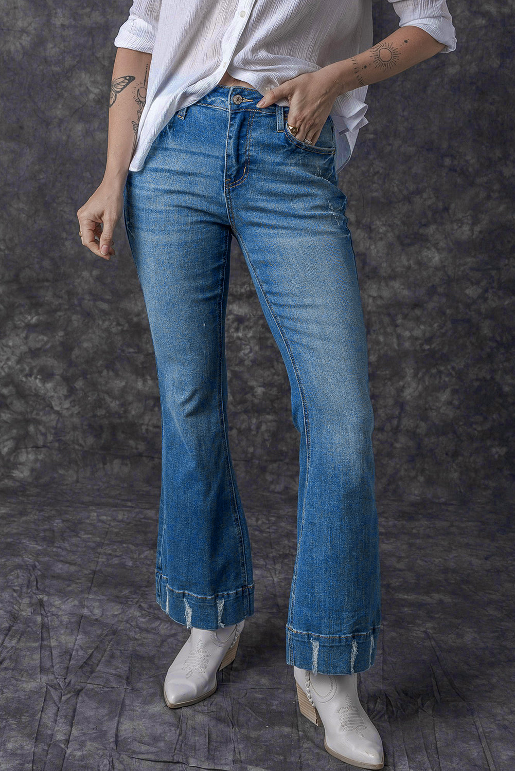 Sky Blue Slight Distressed Medium Wash Flare Jeans - FZwear