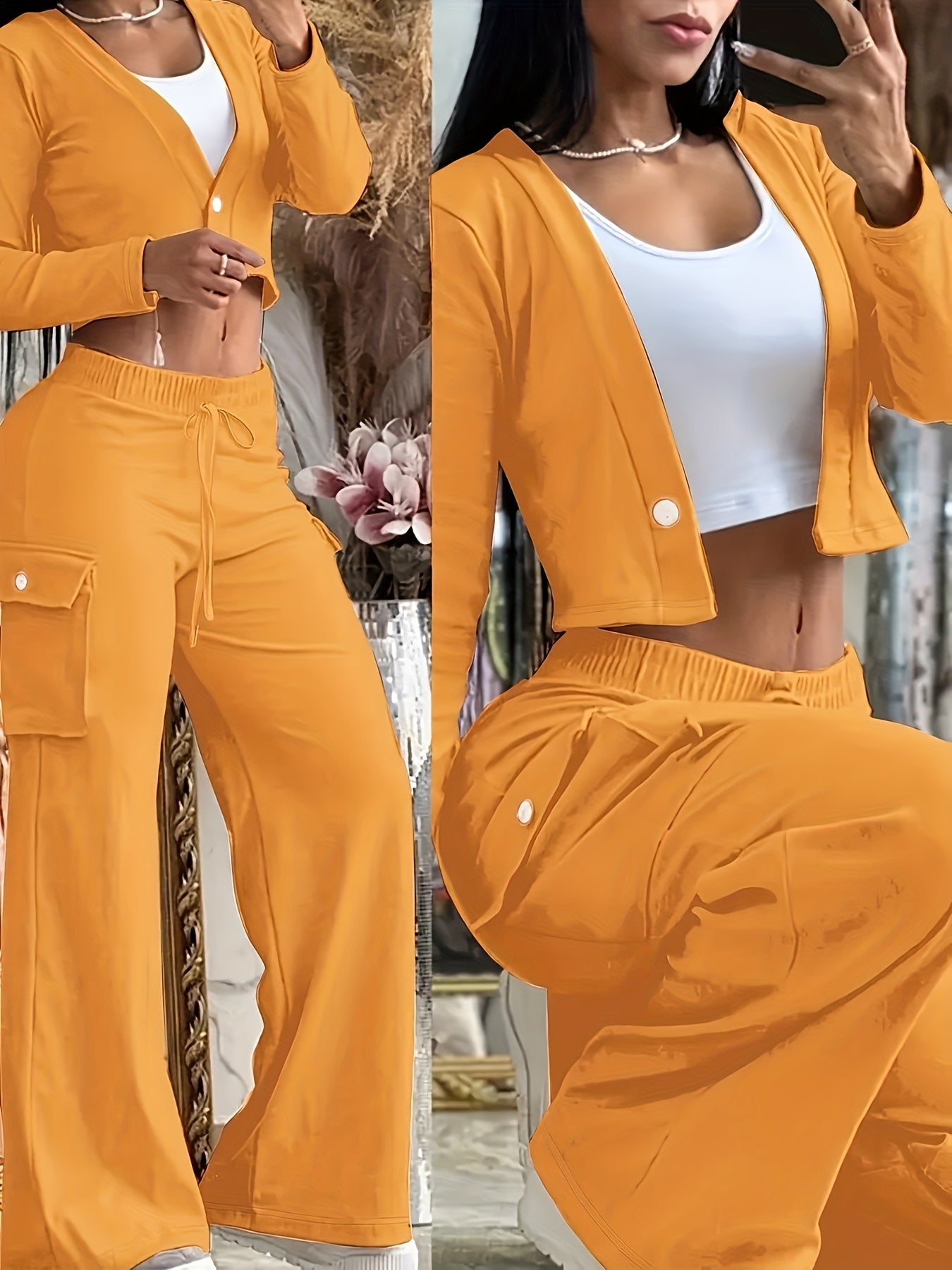 FZ Women's Fashion Button Casual Turn-Down Collar Skinny Bootcut Pants Suit