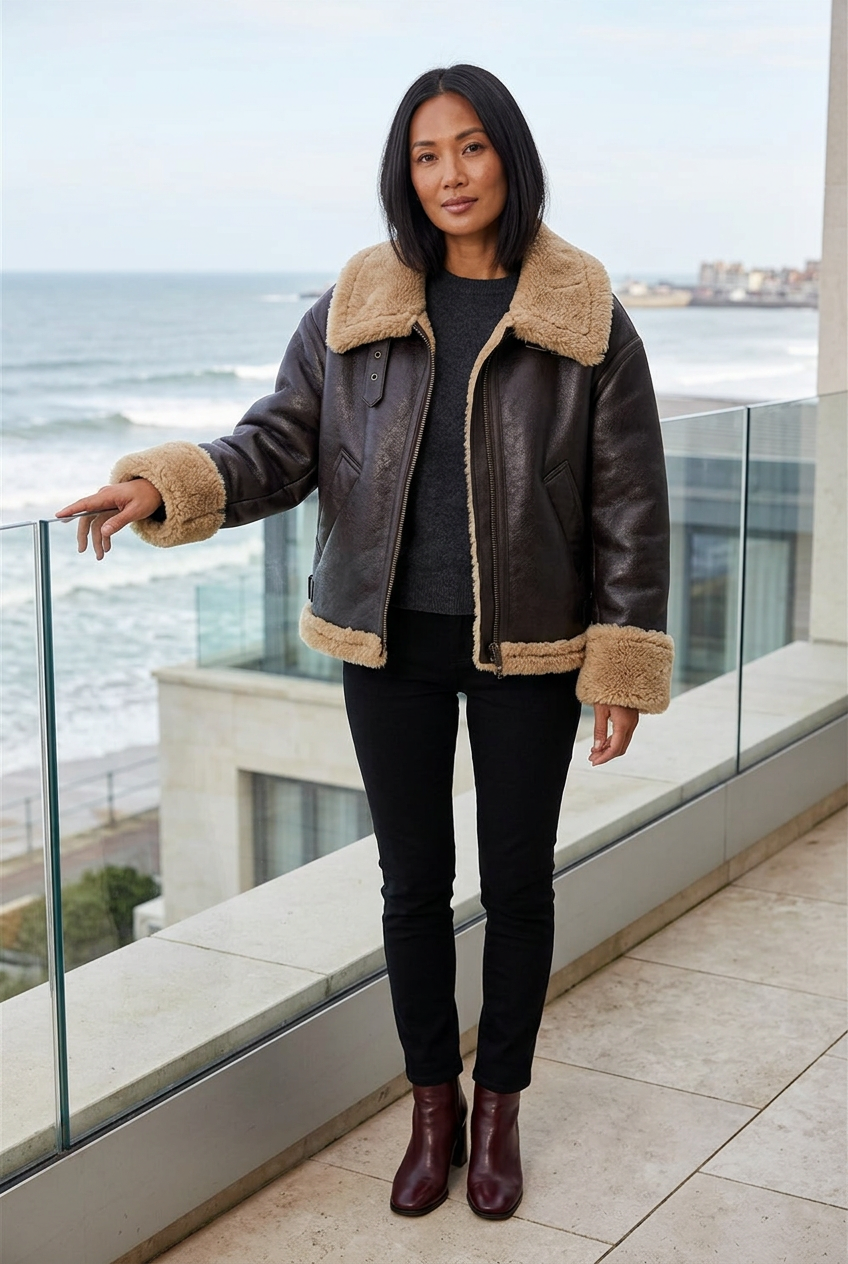Dark-brown aviator jacket styled on a coastal hotel terrace