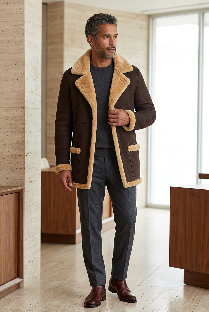 Dark-brown coat styled in a modern design showroom
