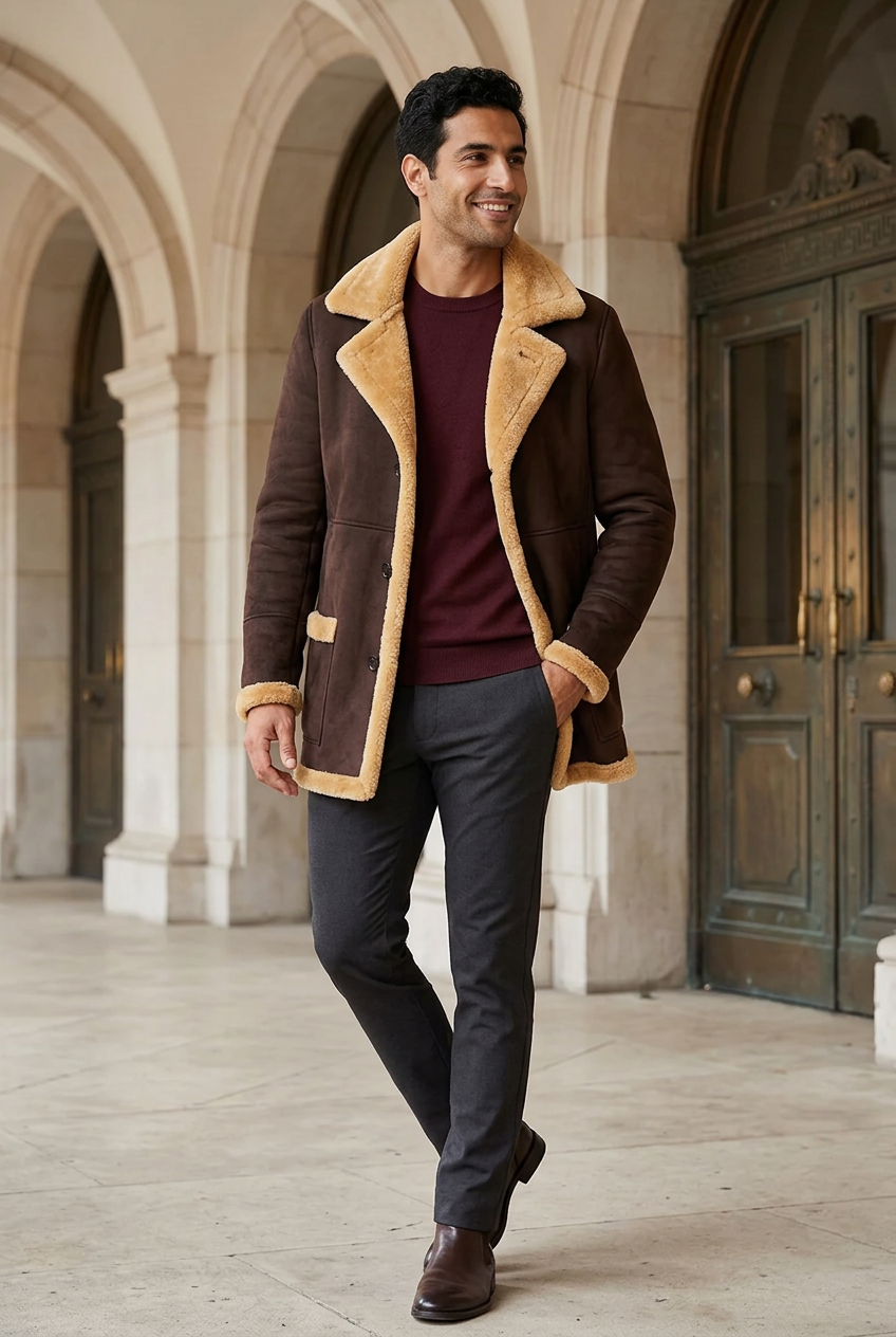 Dark-brown coat styled in an opera-house courtyard